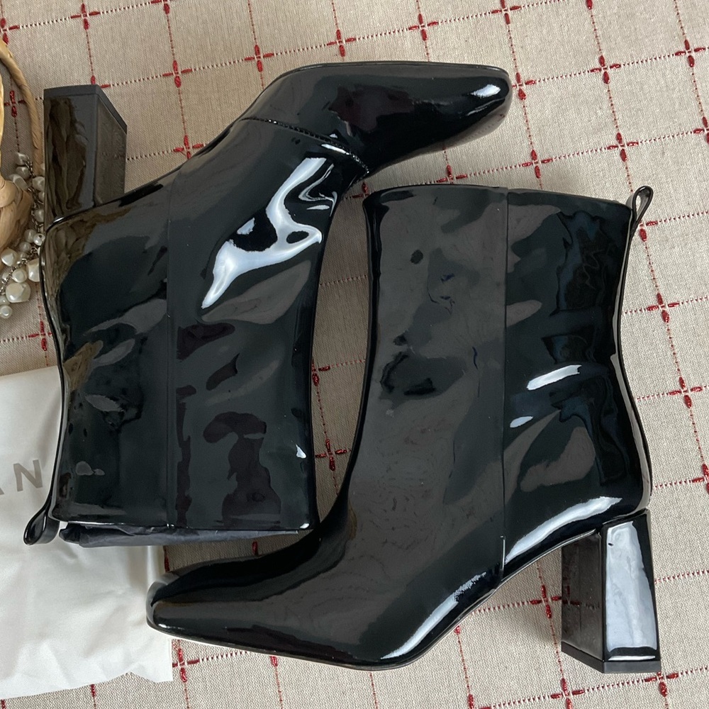 Good American Black Patent Leather Ankle Boots GA165P-X Glossy Square Toe 7.5 - Picture 7 of 7